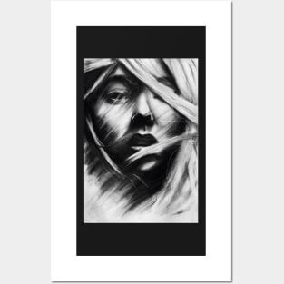 charcoal drawing odf a girl with windy hair Posters and Art